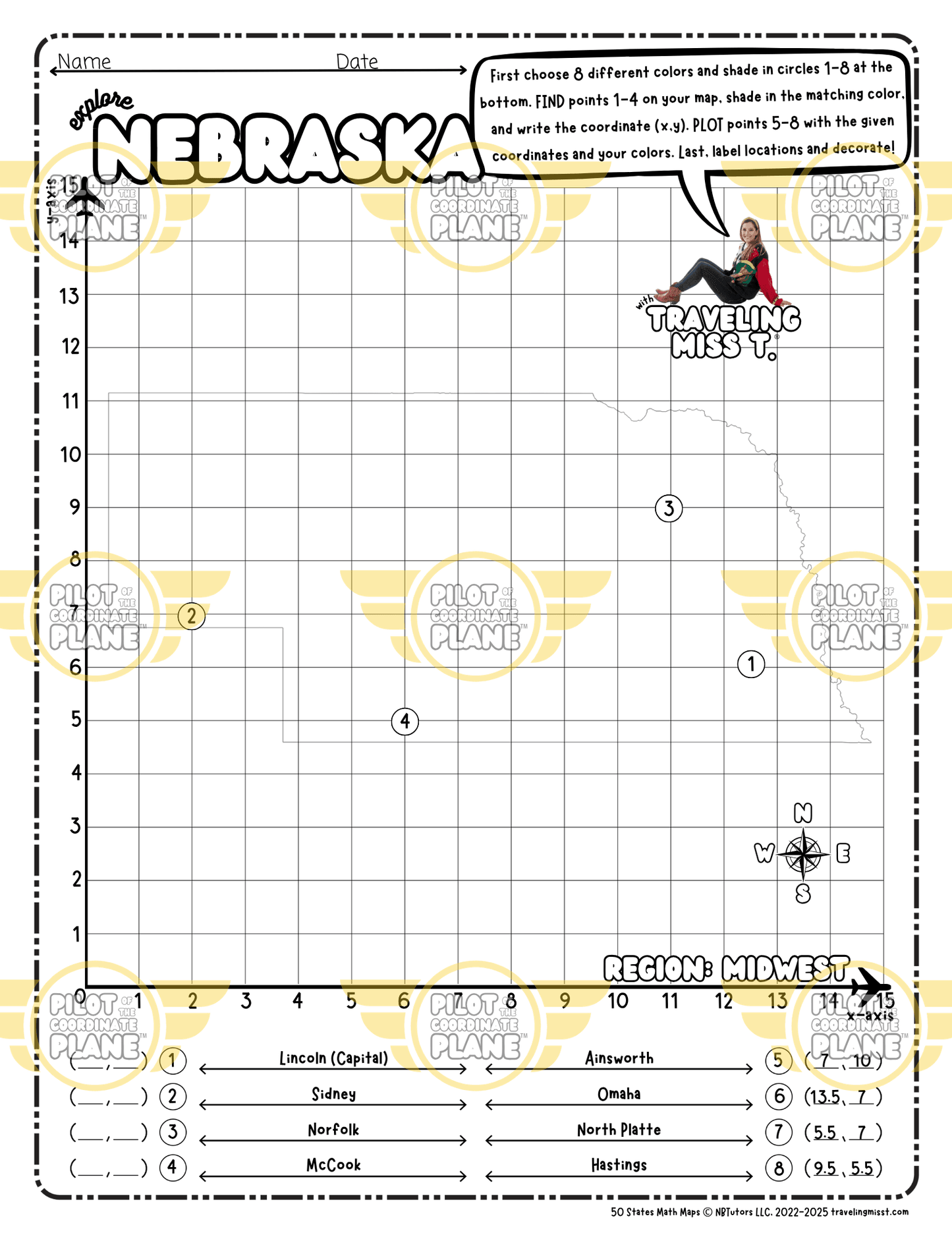 Map of Nebraska layered with a Coordinate Plane Worksheet featuring Traveling Miss T.