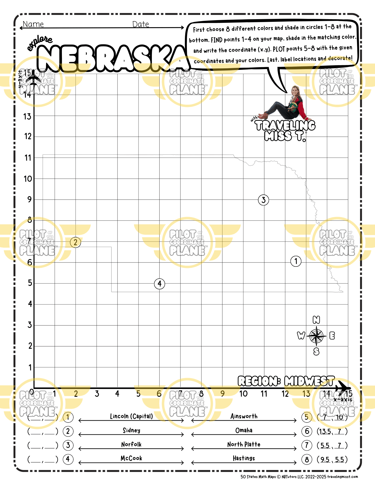 Map of Nebraska layered with a Coordinate Plane Worksheet featuring Traveling Miss T.
