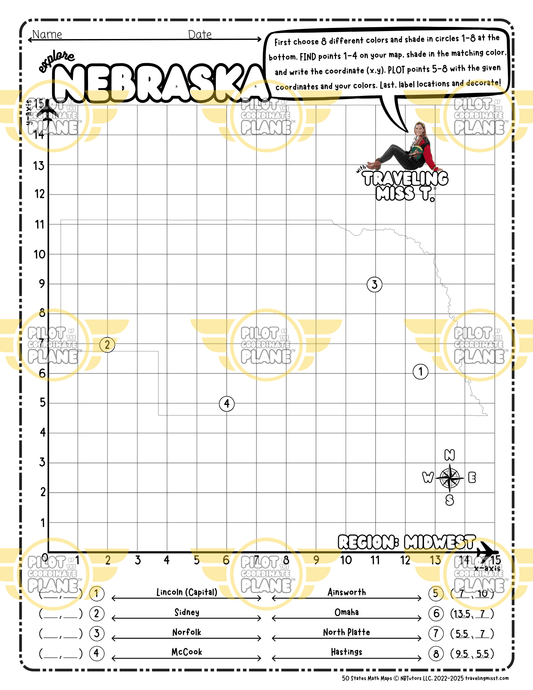 Map of Nebraska layered with a Coordinate Plane Worksheet featuring Traveling Miss T.