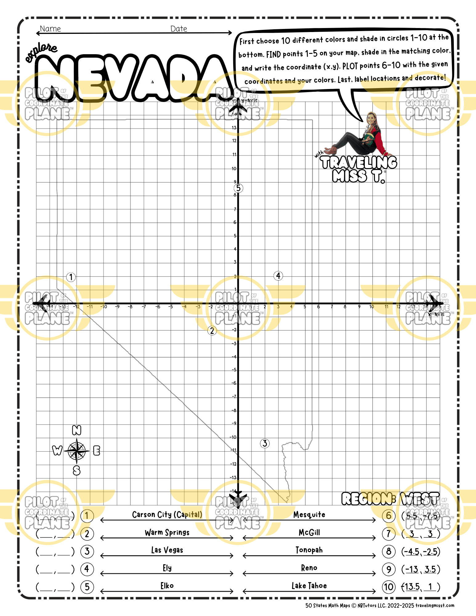 Map of Nevada layered with a Coordinate Plane Worksheet featuring Traveling Miss T.