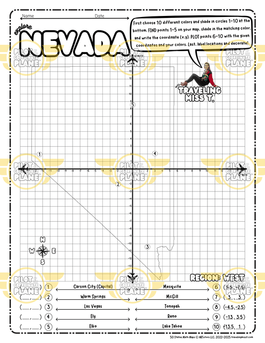 Map of Nevada layered with a Coordinate Plane Worksheet featuring Traveling Miss T.