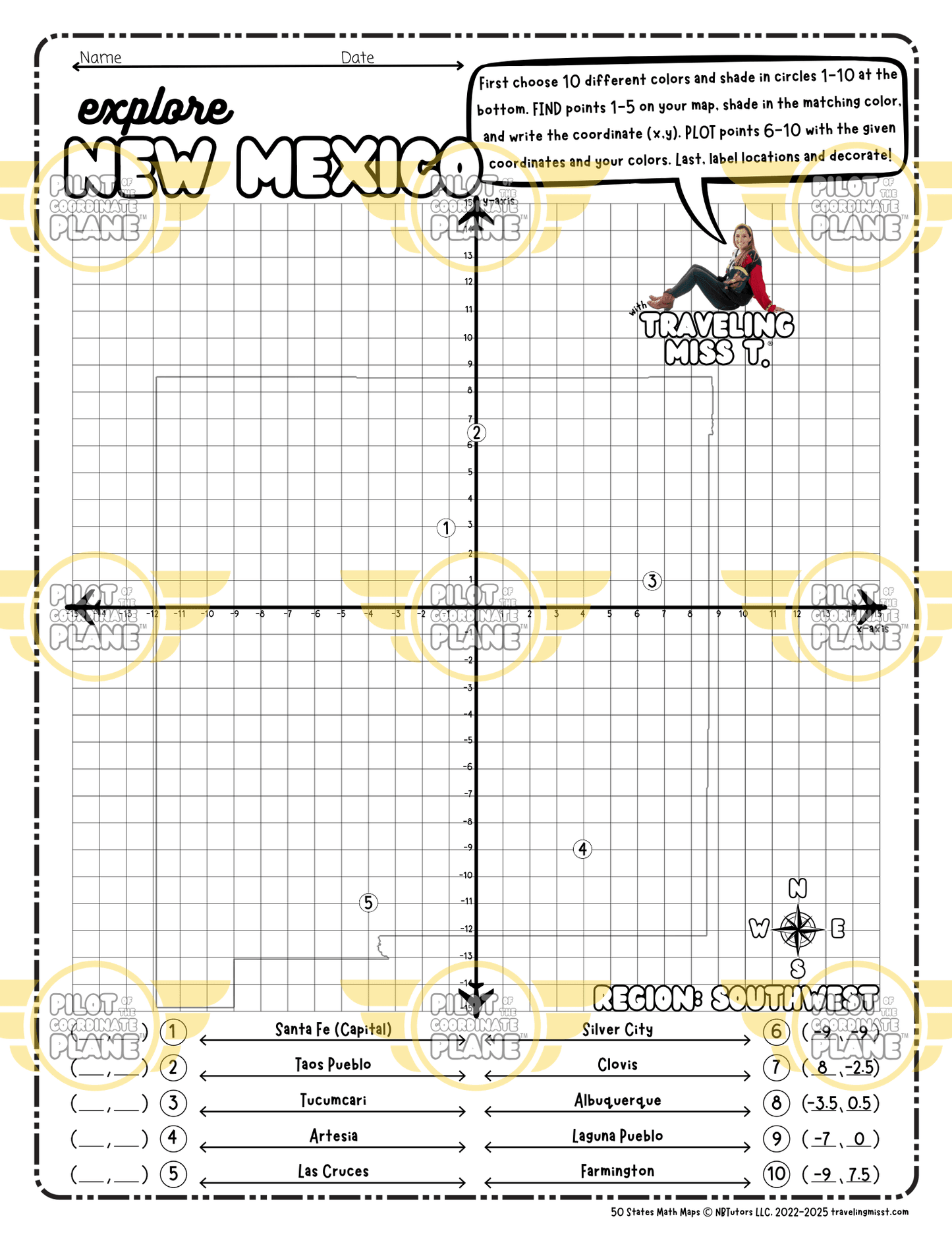 Map of New Mexico layered with a Coordinate Plane Worksheet featuring Traveling Miss T.