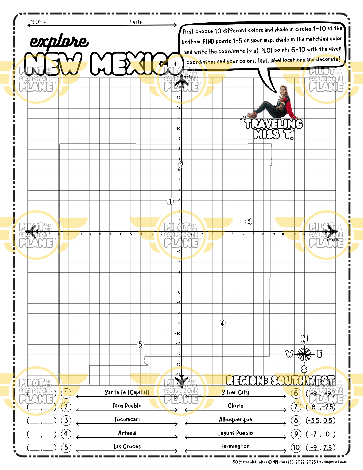 Map of New Mexico layered with a Coordinate Plane Worksheet featuring Traveling Miss T.