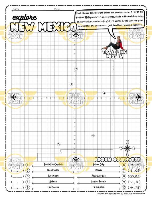 Map of New Mexico layered with a Coordinate Plane Worksheet featuring Traveling Miss T.