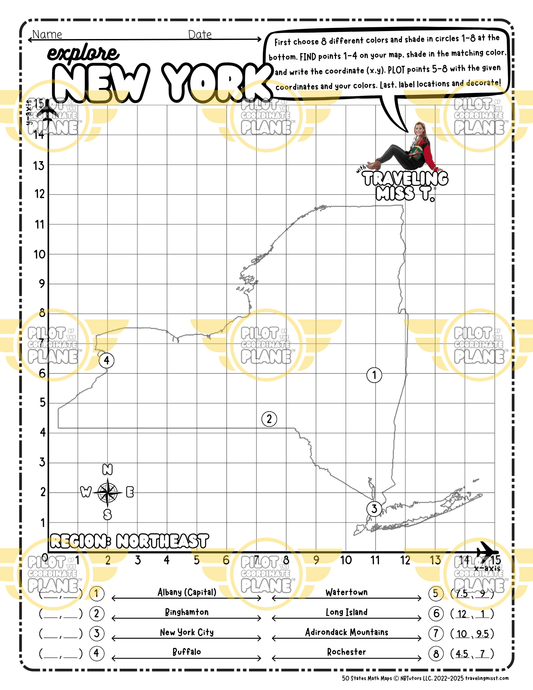 Map of New York layered with a Coordinate Plane Worksheet featuring Traveling Miss T.