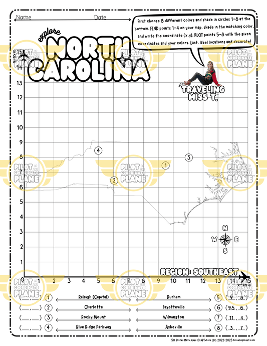 Map of North Carolina layered with a Coordinate Plane Worksheet featuring Traveling Miss T.