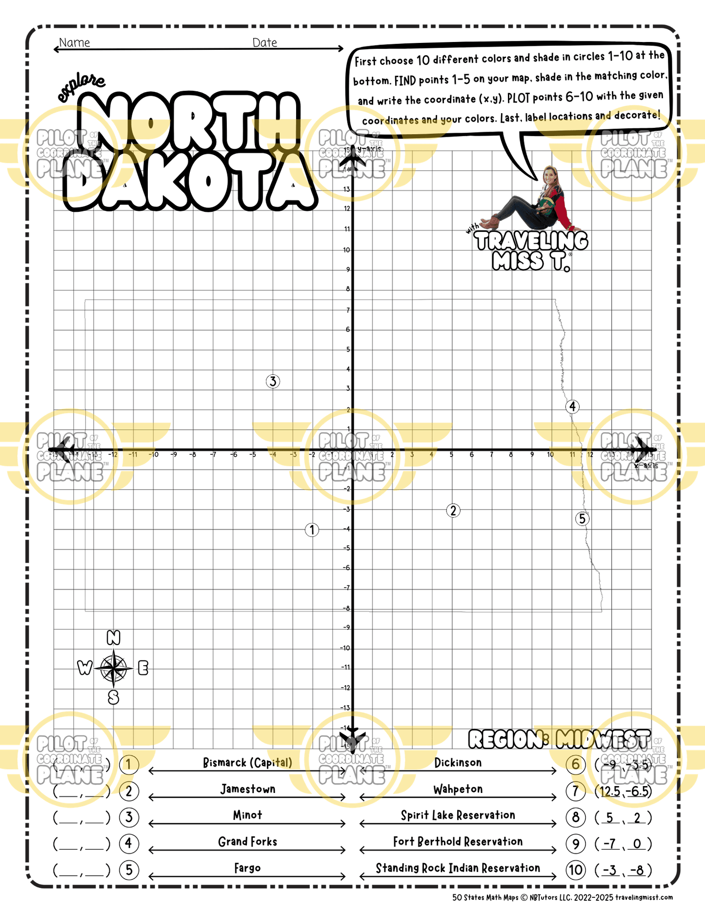 Map of North Dakota layered with a Coordinate Plane Worksheet featuring Traveling Miss T.