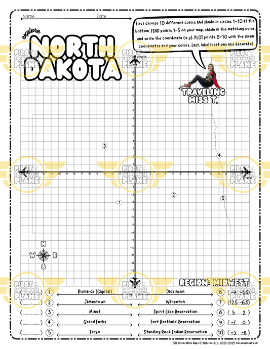 Map of North Dakota layered with a Coordinate Plane Worksheet featuring Traveling Miss T.
