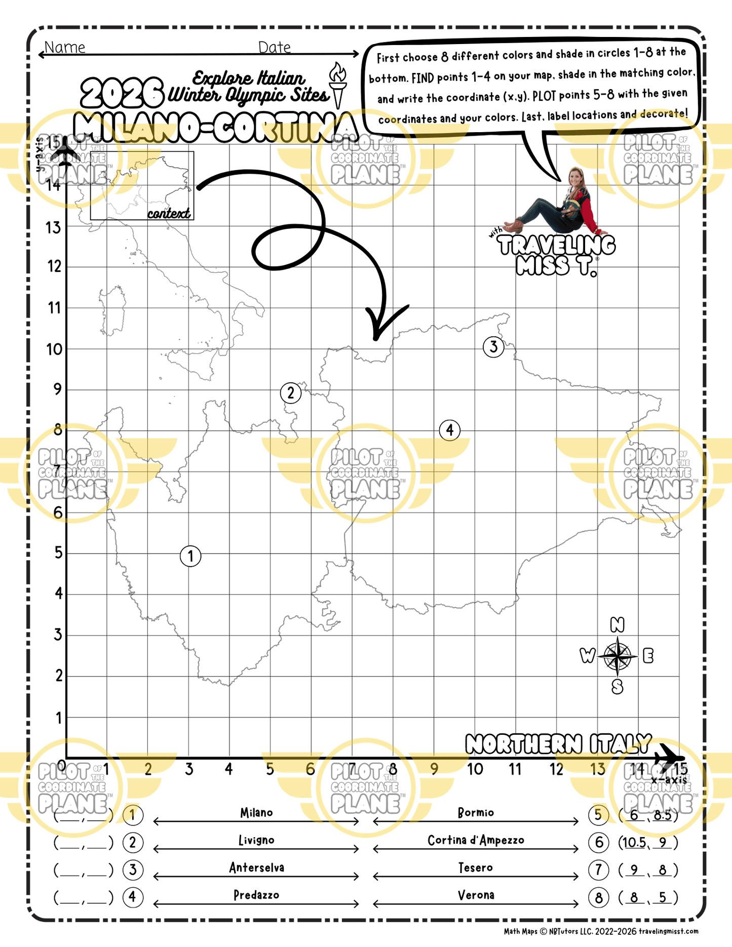 Coordinate Plane Worksheet by Traveling Miss T. with a Map of Italy for 2026 Winter Olympic Sites Milano-Cortina.