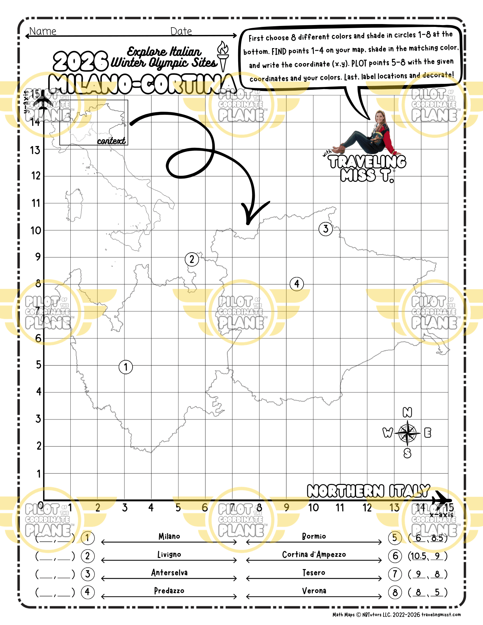 Coordinate Plane Worksheet by Traveling Miss T. with a Map of Italy for 2026 Winter Olympic Sites Milano-Cortina.