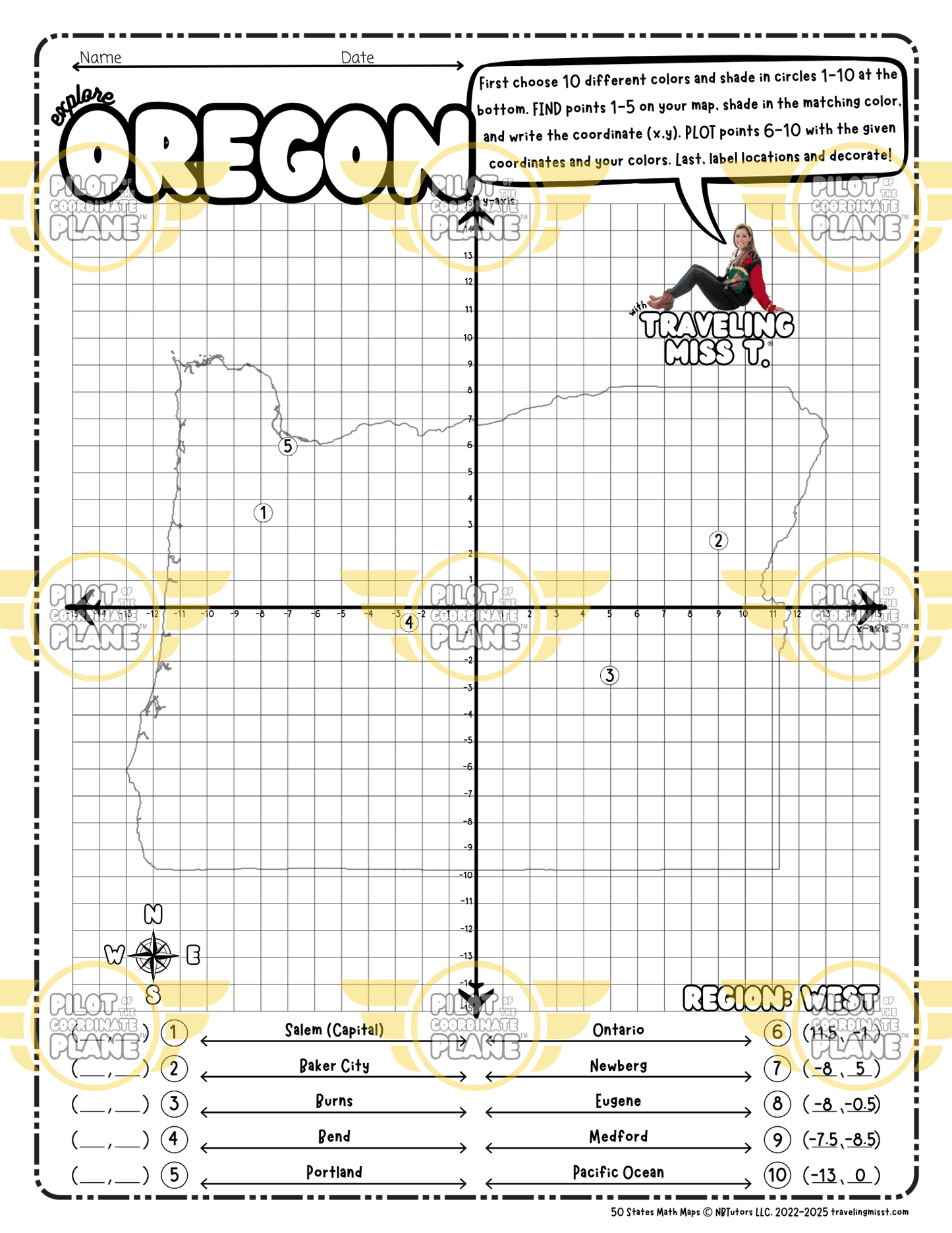 Map of Oregon layered with a Coordinate Plane Worksheet featuring Traveling Miss T.