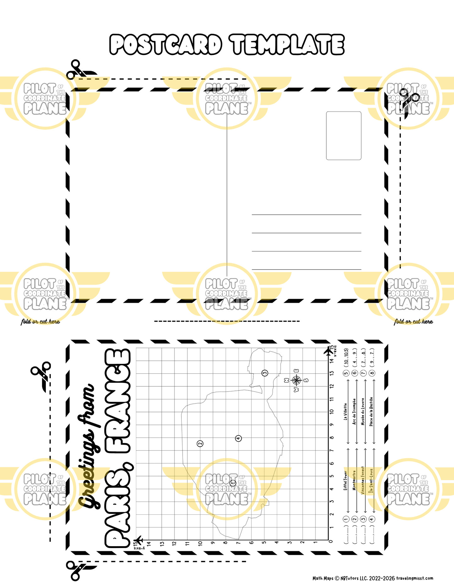 Postcard template from Traveling Miss T. single quadrant of Paris, France.