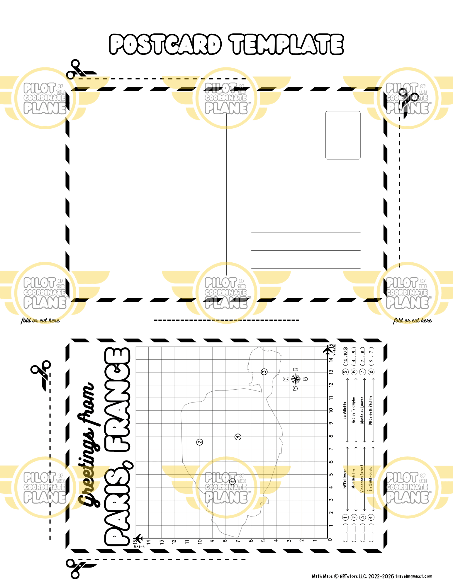 Postcard template from Traveling Miss T. single quadrant of Paris, France.