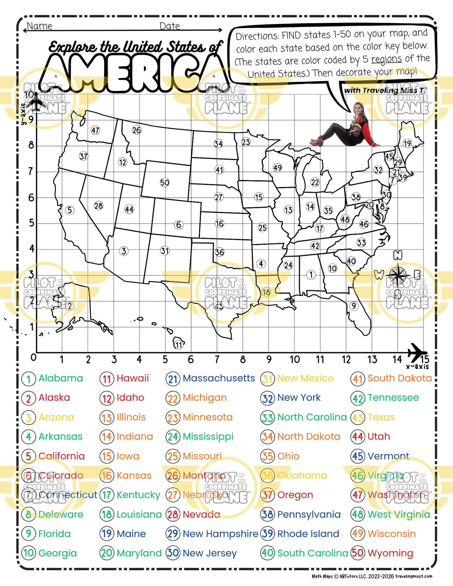 Label Map of USA Activity | Coordinate Plane USA Map | 50 States Geography Worksheet