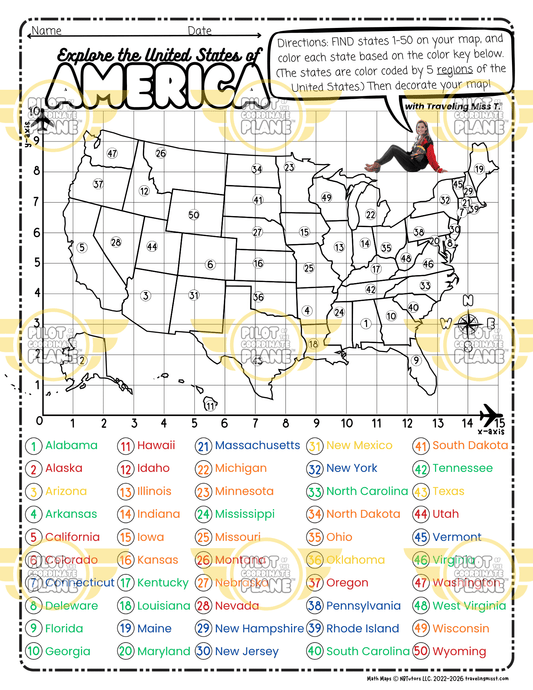 Label Map of USA Activity | Coordinate Plane USA Map | 50 States Geography Worksheet