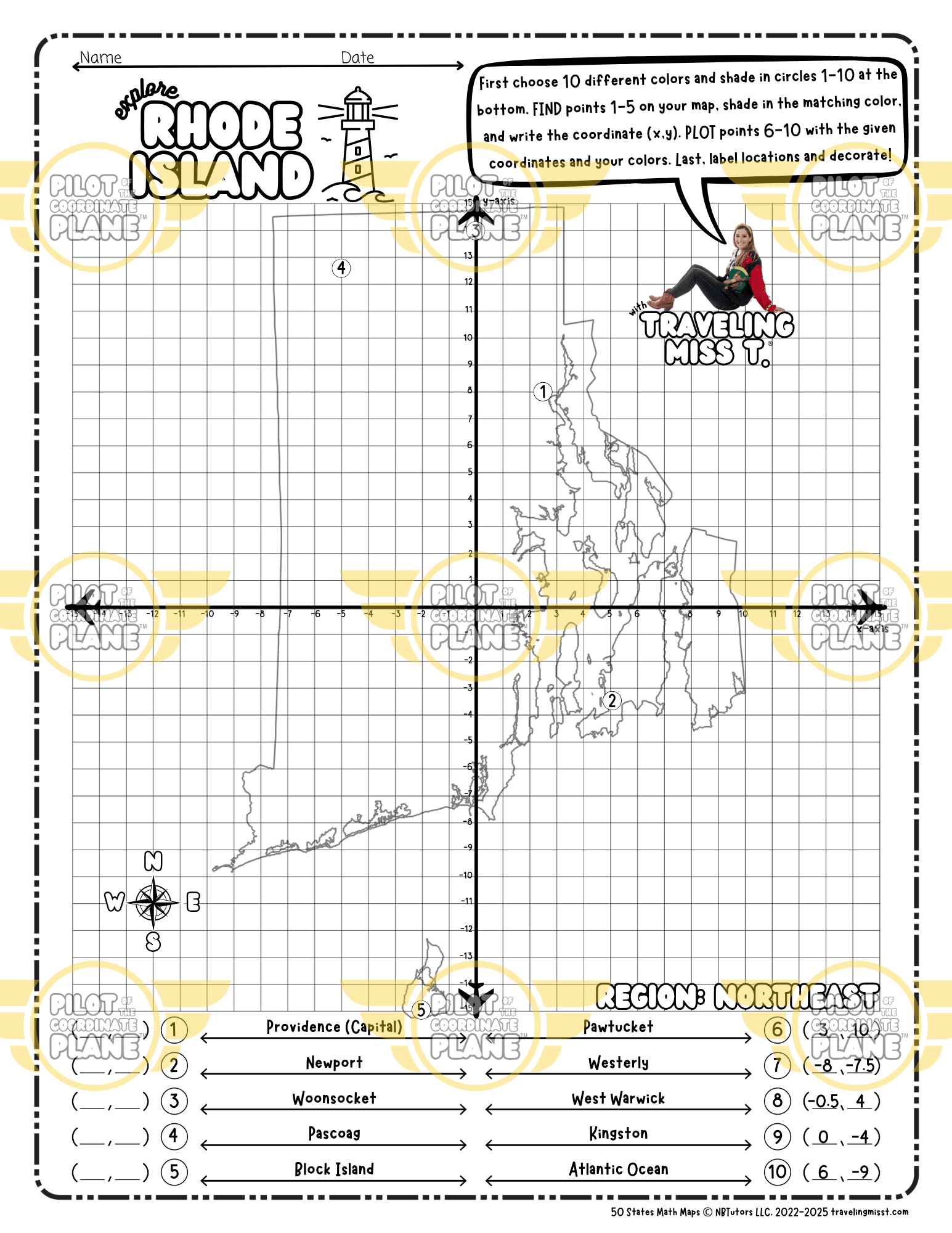 Map of Rhode Island layered with a Coordinate Plane Worksheet featuring Traveling Miss T.