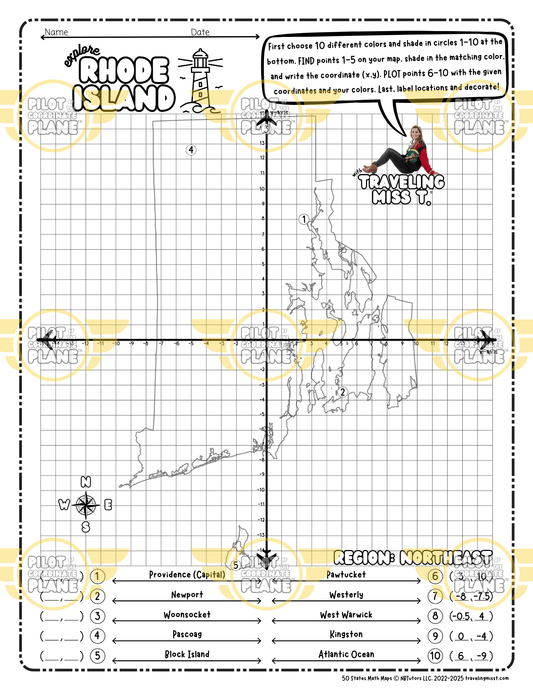 Map of Rhode Island layered with a Coordinate Plane Worksheet featuring Traveling Miss T.