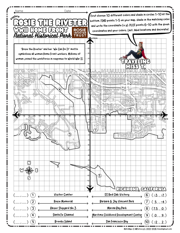 Math Map of Rosie the Riveter WWII Home Front National Historical Park with grid and coordinates by Traveling Miss T.