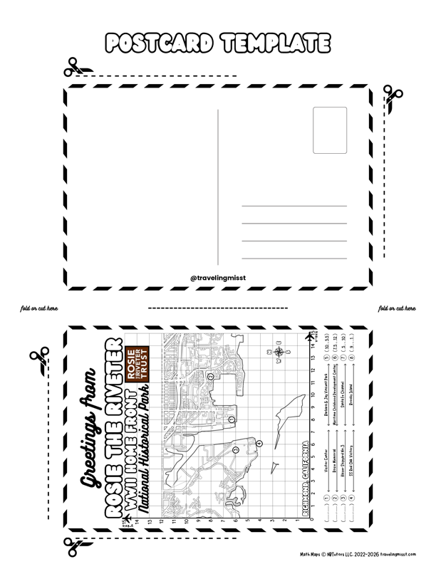 Postcard template with Math Map of Rosie the Riveter WWII Home Front National Historical Park by Traveling Miss T.