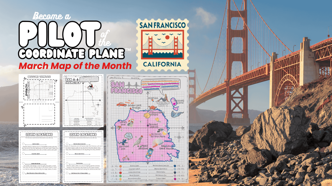Load video: Bring math to life this March with Traveling Miss T.’s San Francisco by Coordinate Plane Adventure, inspired by the AAG Annual meeting in San Francisco. This ready-to-print PDF worksheet is designed for 4th–6th grade teachers and homeschool families. This engaging Math Map adventure invites students to explore San Francisco, California by coordinate plane, blending math, geography, culture, and creativity.
