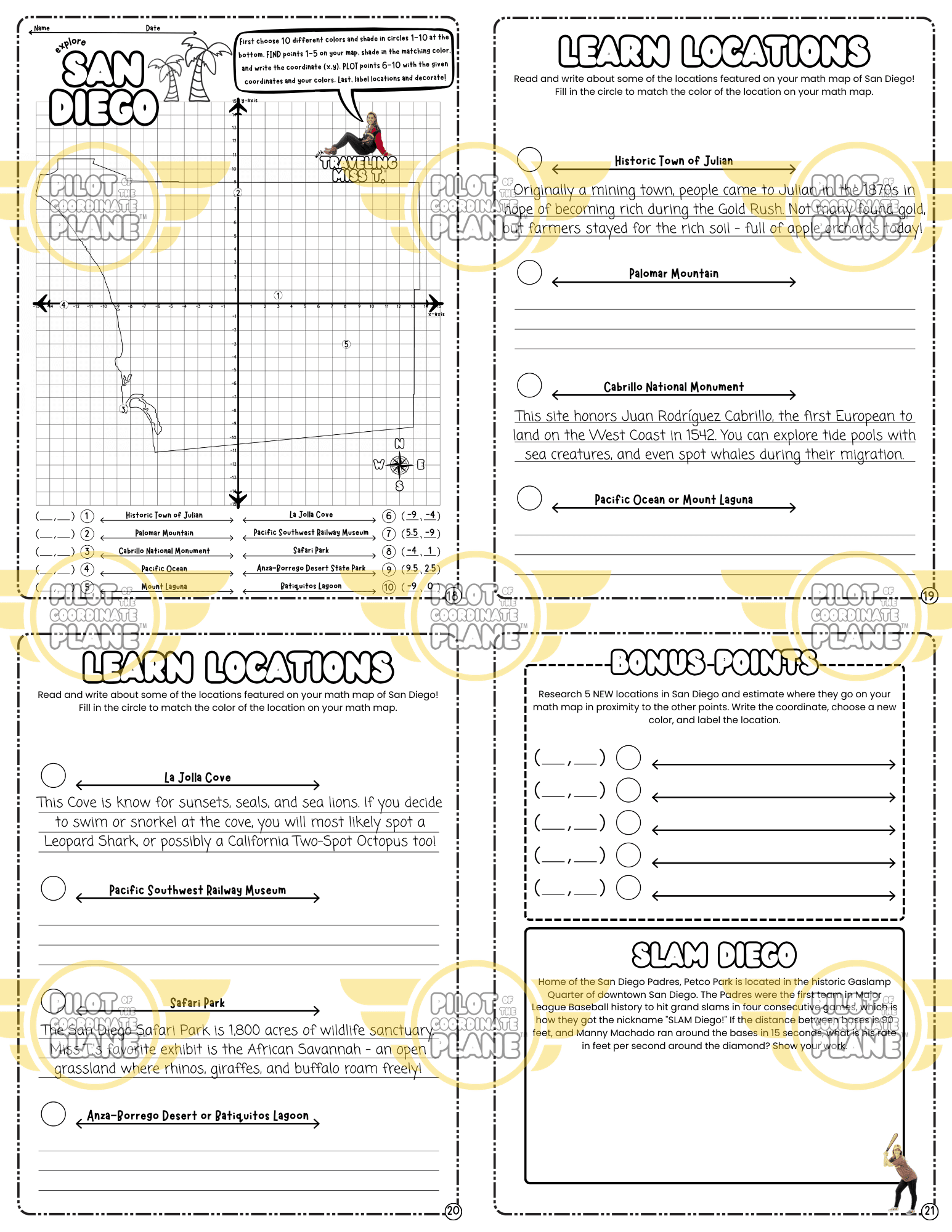 Educational worksheet bundle and San Diego Math Map adventure by Coordinate Plane by Traveling Miss T. 