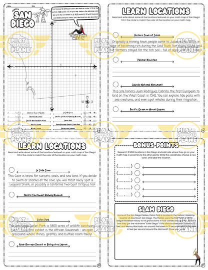 Educational worksheet bundle and San Diego Math Map adventure by Coordinate Plane by Traveling Miss T. 