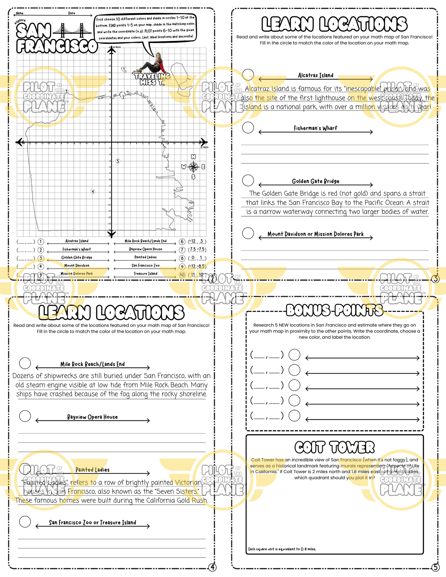 Educational worksheets bundle and San Francisco Math Map adventure by Coordinate Plane by Traveling Miss T. 