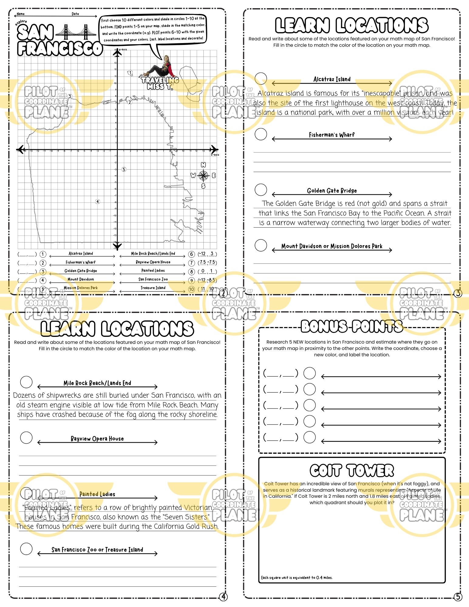 Educational worksheets bundle and San Francisco Math Map adventure by Coordinate Plane by Traveling Miss T. 