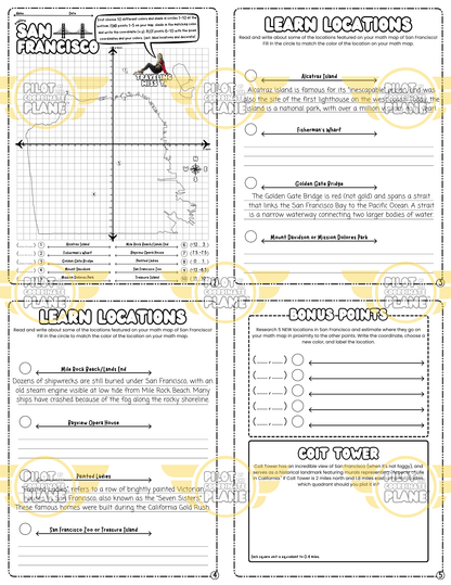 Educational worksheets bundle and San Francisco Math Map adventure by Coordinate Plane by Traveling Miss T. 