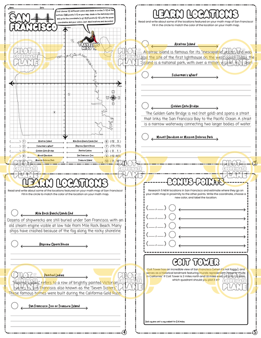 Educational worksheets bundle and San Francisco Math Map adventure by Coordinate Plane by Traveling Miss T. 