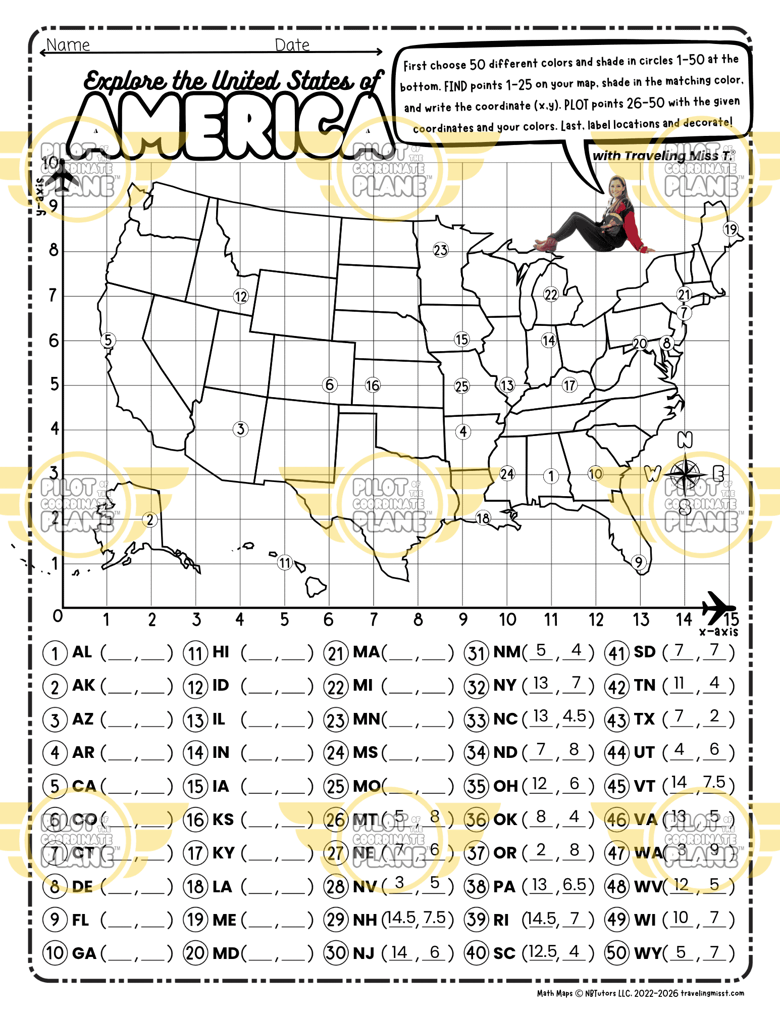 Label a Map of the United States with coordinates and coloring guide, by Traveling Miss T.