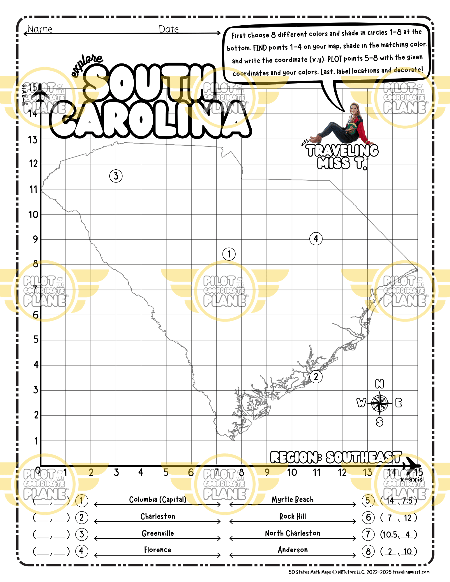 Map of South Carolina layered with a Coordinate Plane Worksheet featuring Traveling Miss T.