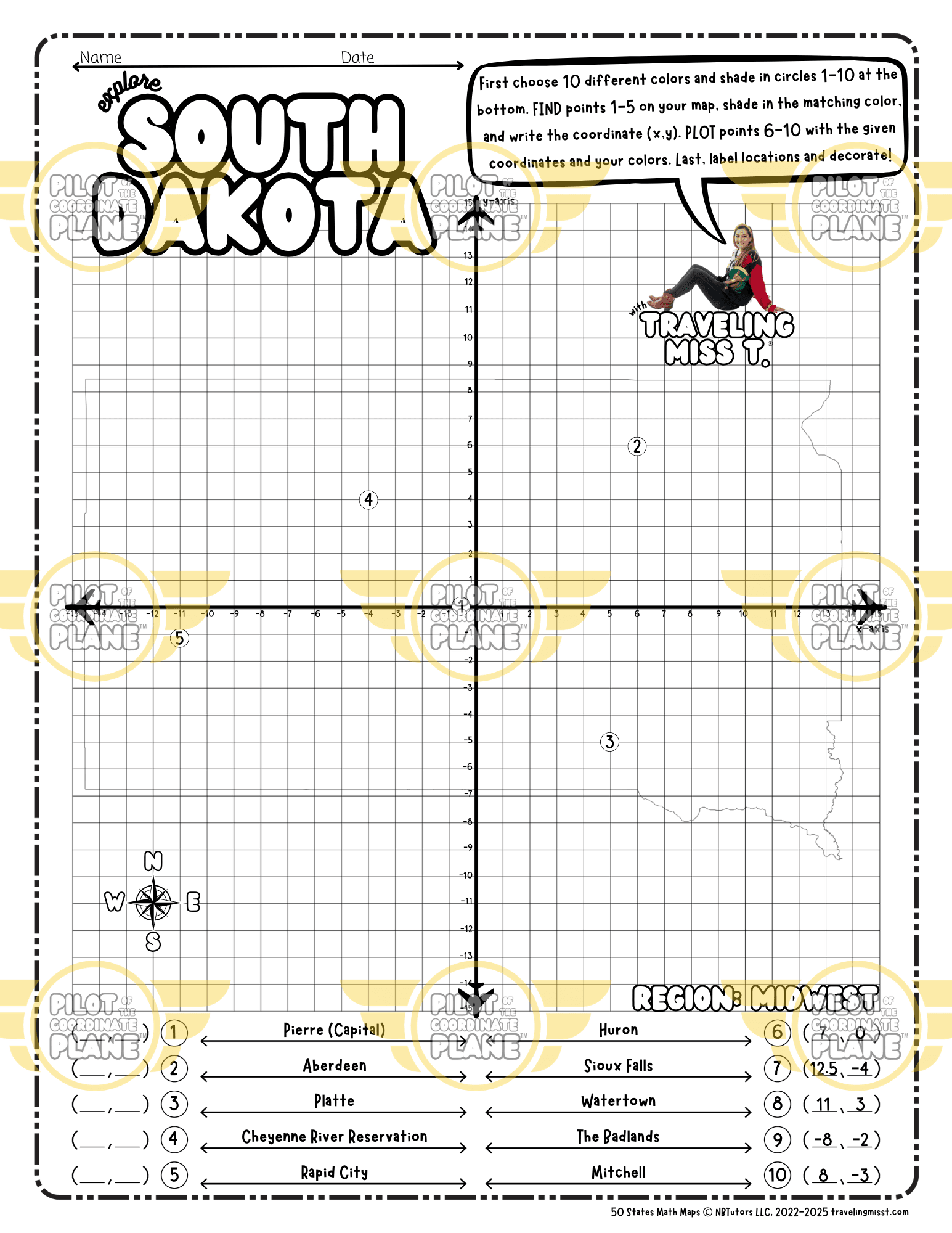 Map of South Dakota layered with a Coordinate Plane Worksheet featuring Traveling Miss T.