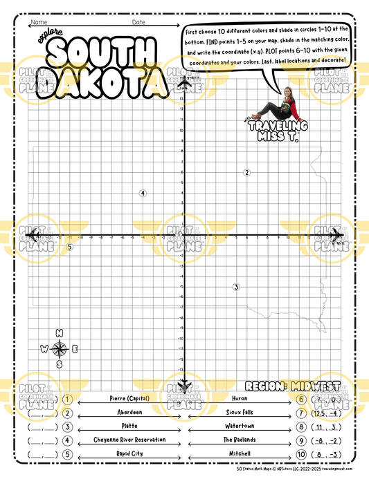 Map of South Dakota layered with a Coordinate Plane Worksheet featuring Traveling Miss T.
