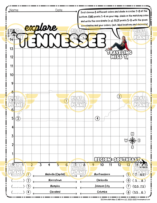 Map of Tennessee layered with a Coordinate Plane Worksheet featuring Traveling Miss T.