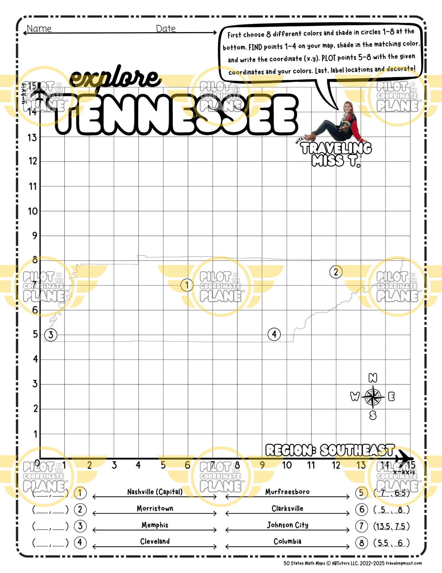 Map of Tennessee layered with a Coordinate Plane Worksheet featuring Traveling Miss T.