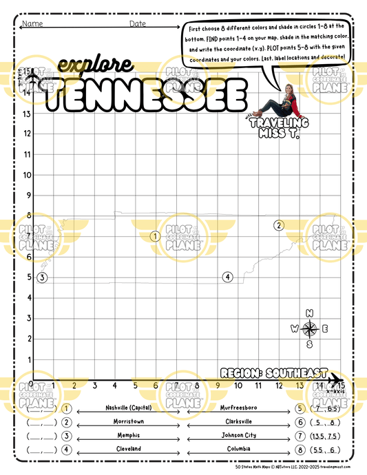 Map of Tennessee layered with a Coordinate Plane Worksheet featuring Traveling Miss T.