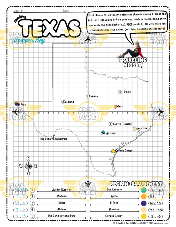 Texas Coordinate Plane Worksheet answer key from Traveling Miss T. 