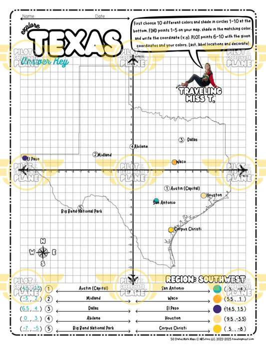 Texas Coordinate Plane Worksheet answer key from Traveling Miss T. 