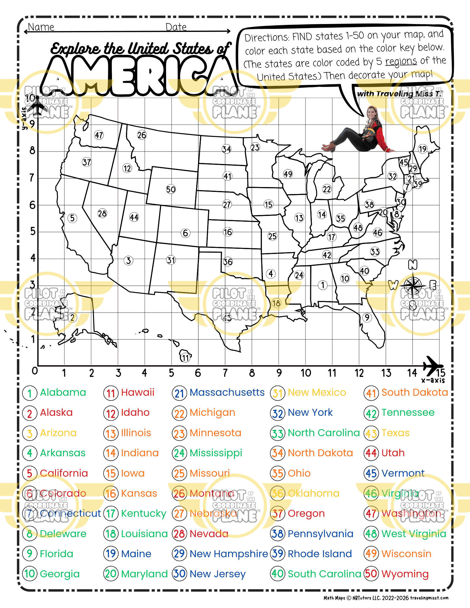 Color by Number Regions of the United States by Traveling Miss T.