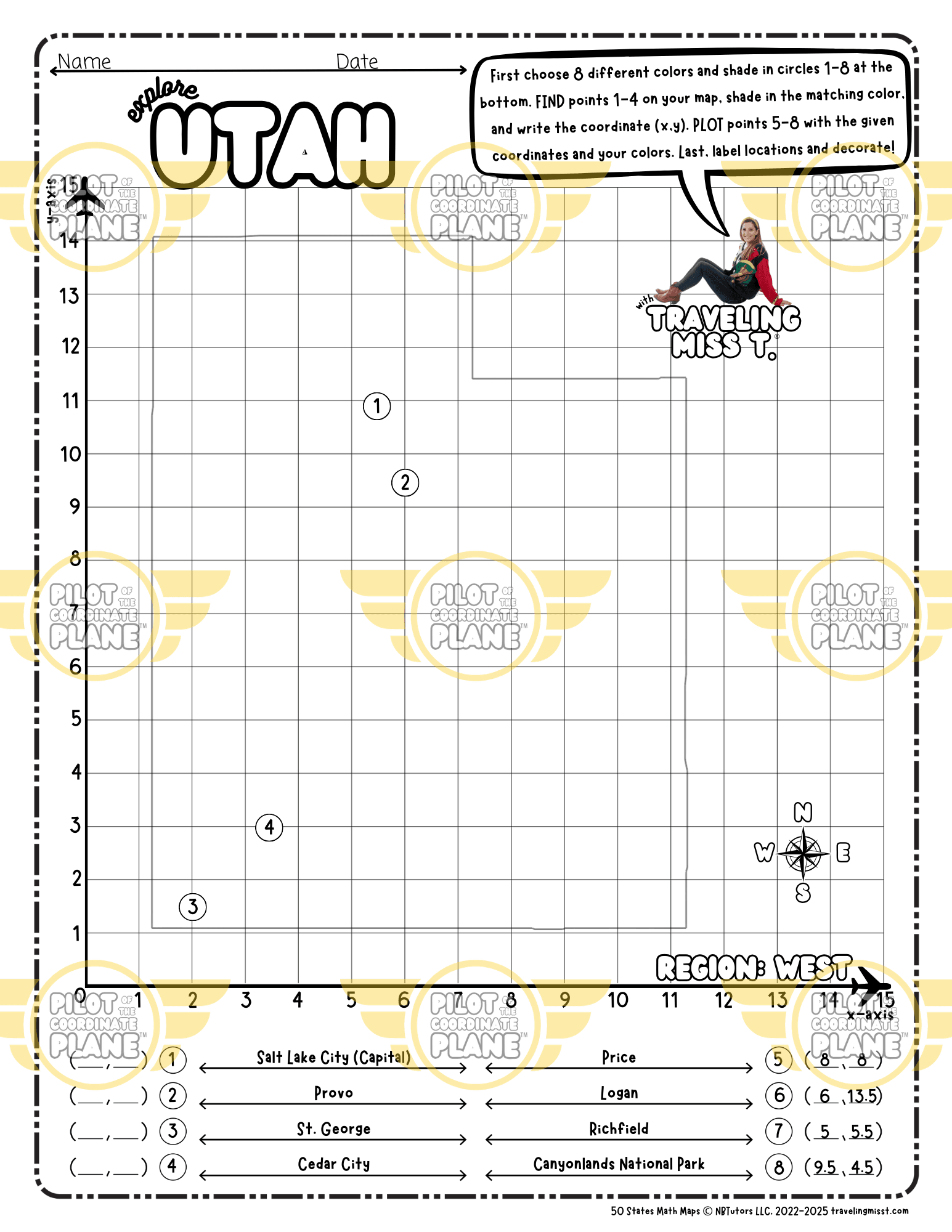 Map of Utah layered with a Coordinate Plane Worksheet featuring Traveling Miss T.