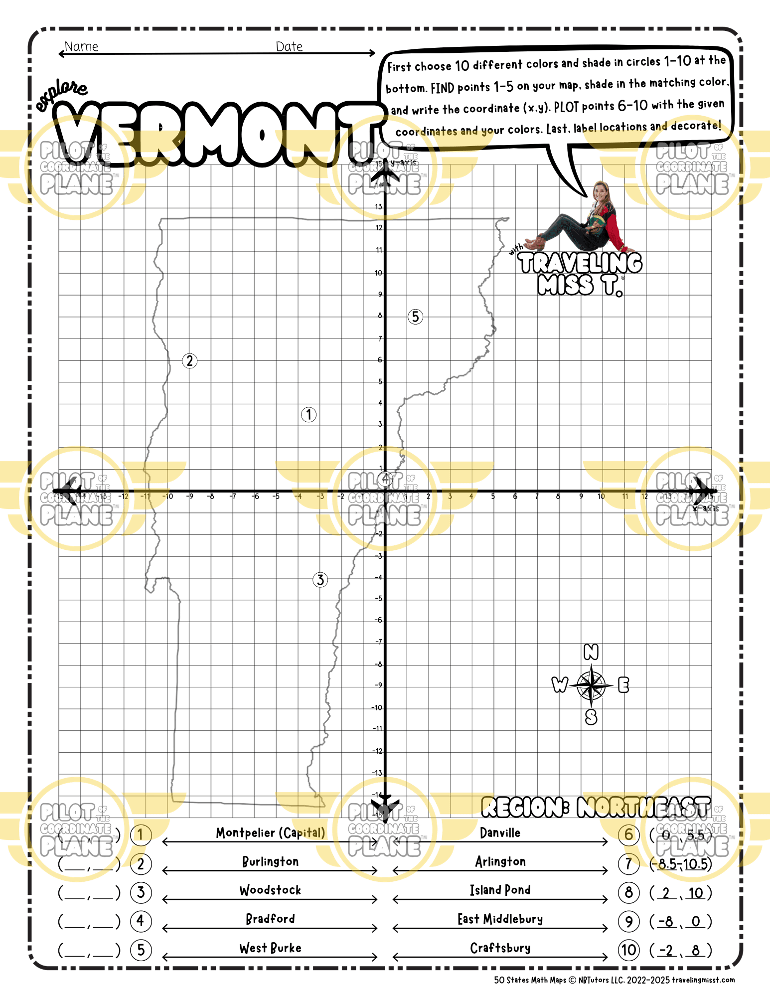 Map of Vermont layered with a Coordinate Plane Worksheet featuring Traveling Miss T.
