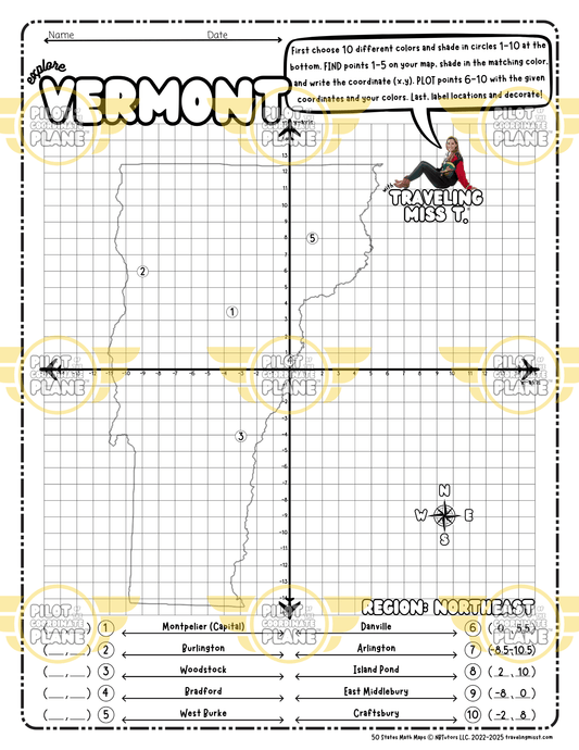 Map of Vermont layered with a Coordinate Plane Worksheet featuring Traveling Miss T.