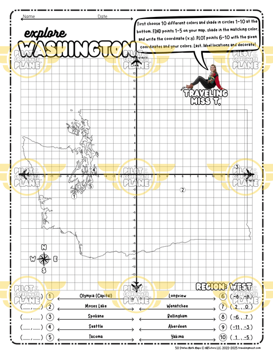 Map of Washington layered with a Coordinate Plane Worksheet featuring Traveling Miss T.