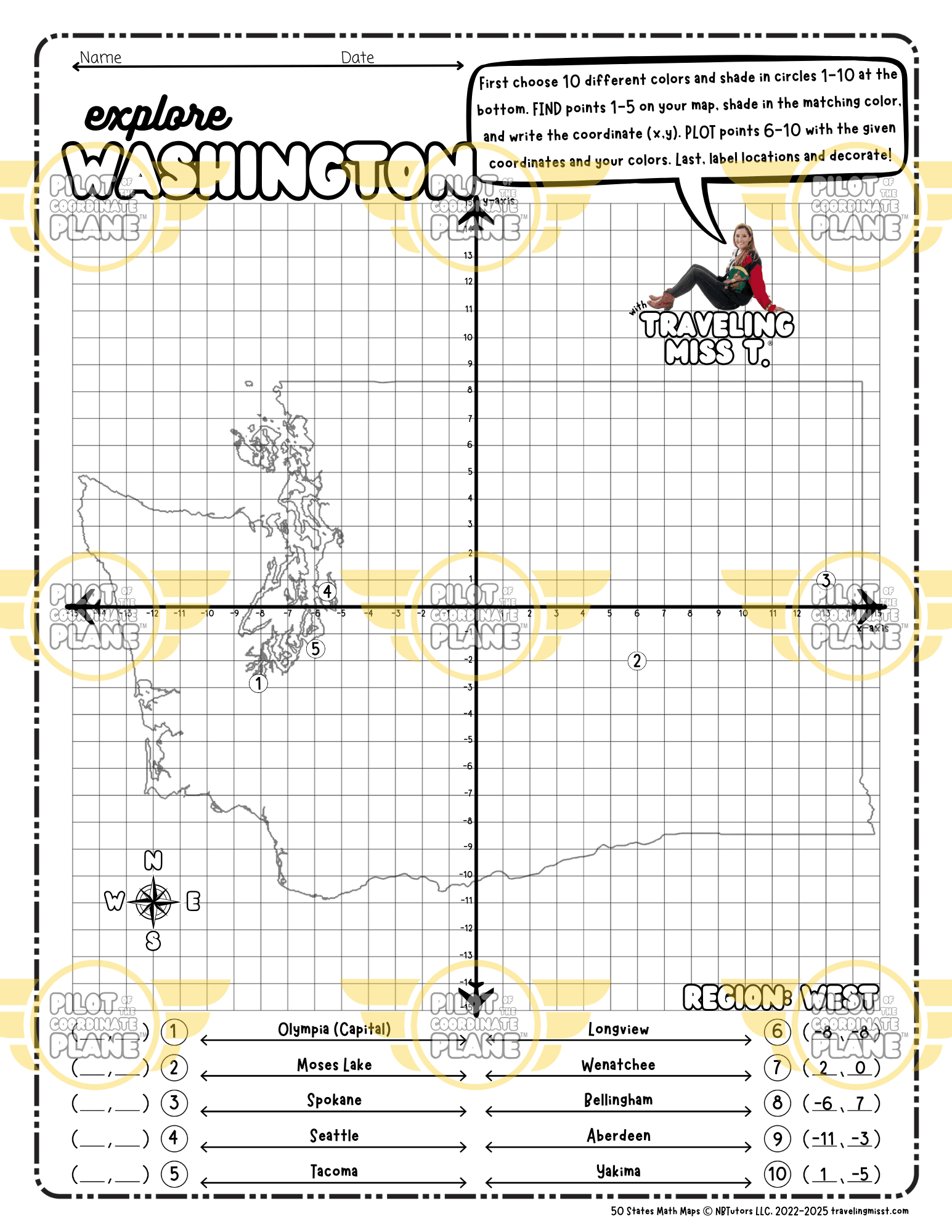 Map of Washington layered with a Coordinate Plane Worksheet featuring Traveling Miss T.