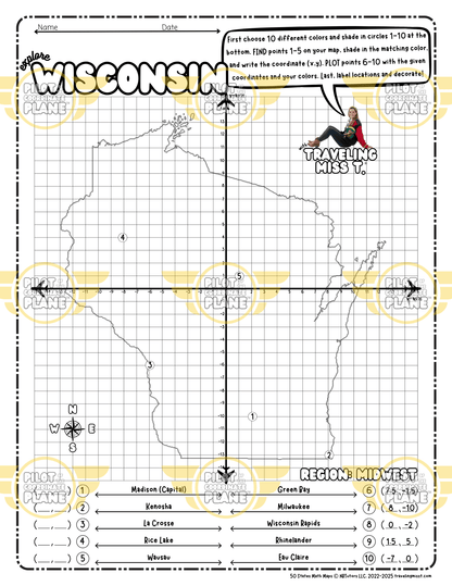 Map of Wisconsin layered with a Coordinate Plane Worksheet featuring Traveling Miss T.