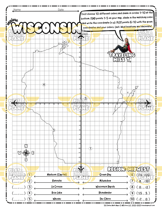 Map of Wisconsin layered with a Coordinate Plane Worksheet featuring Traveling Miss T.