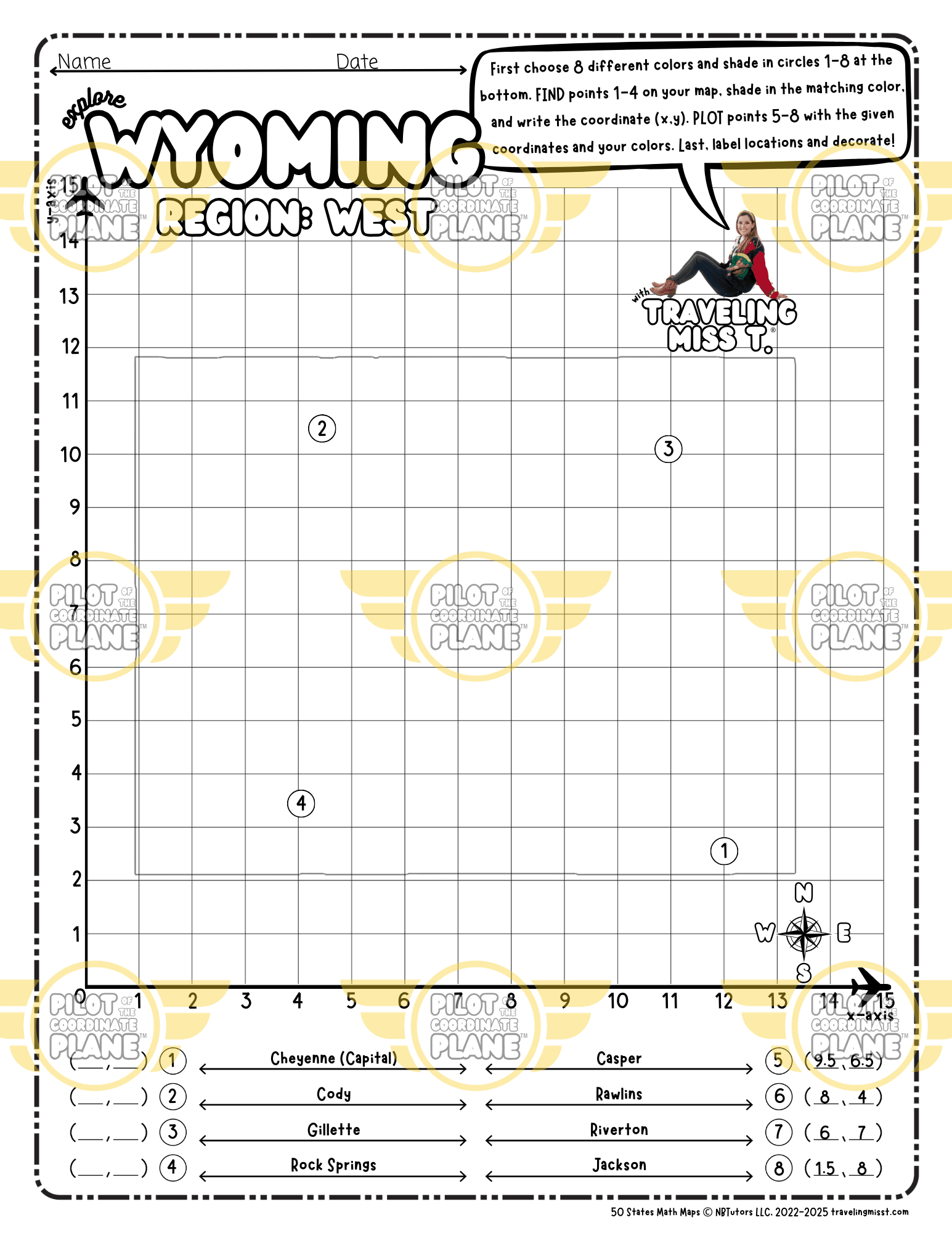 Map of Wyoming layered with a Coordinate Plane Worksheet featuring Traveling Miss T.