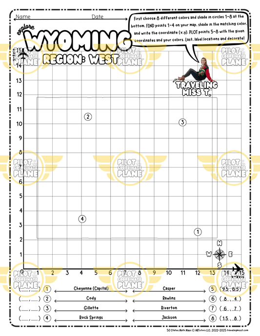Map of Wyoming layered with a Coordinate Plane Worksheet featuring Traveling Miss T.